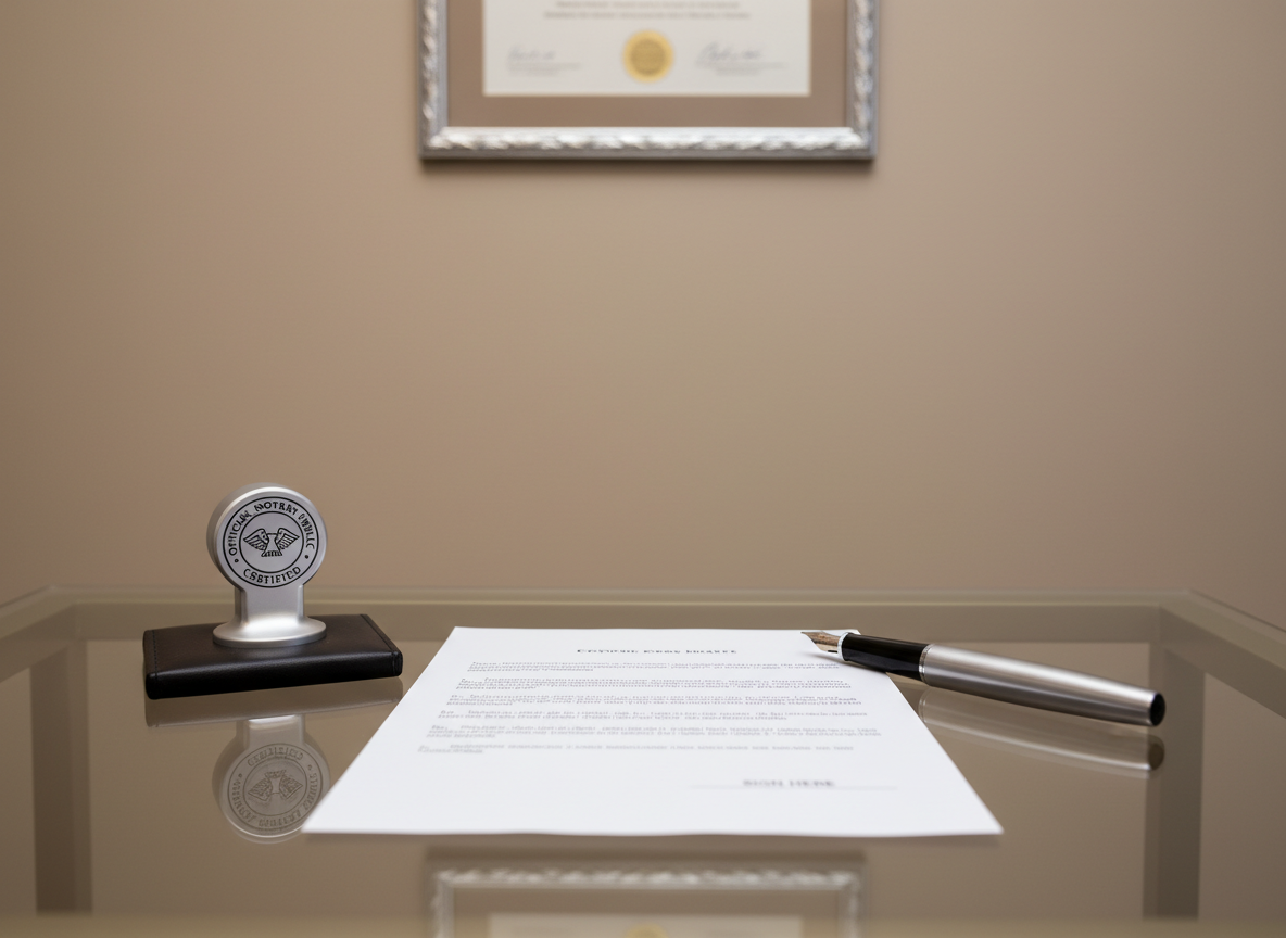 A meticulously arranged notary station featuring a glass-topped desk with a smooth surface, on which an official document is centered, ready for signing. To the side sits an elegant, brushed metal notary seal and a fountain pen with a matte silver barrel and black grip. The backdrop displays a neutral gradient wall with hints of warm taupe and a silver-framed certificate, suggesting authority and trust. Soft, indirect lighting from above gently illuminates the scene, creating clear reflections on the glass and casting subdued, diffused shadows. Captured at eye-level with a shallow depth of field that subtly blurs the background, the image presents a clean, structured, and highly professional mood well-suited for a business offering formal legal administrator services.
