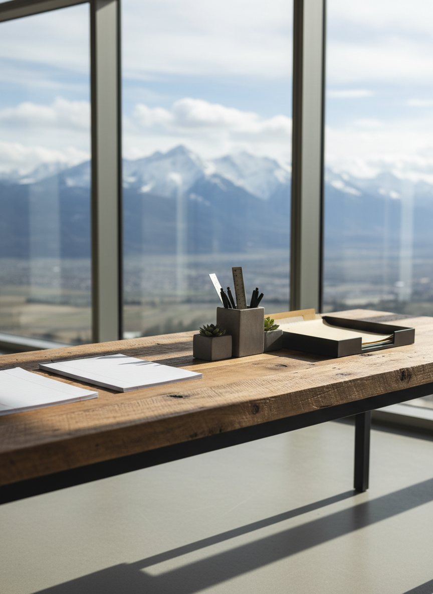 A panoramic, wide-angle shot of an immaculately organized legal workspace, featuring a custom reclaimed wood desk positioned before floor-to-ceiling windows looking out onto a soft-focus, snow-capped mountain landscape. On the desk, structured arrangements of legal pads, a minimalist concrete desk organizer, and a matte charcoal file tray enhance a sense of corporate order. Ambient daylight pours in, throwing crisp, directional light across the workspace and casting elegant, linear shadows behind each object. The overall composition employs asymmetrical balance with negative space emphasizing the workspace's clarity and openness, creating an atmosphere that is serene, focused, and rooted in both legal precision and mountain inspiration. The photographic realism and corporate cleanliness visually anchor the firm’s unique regional personality.