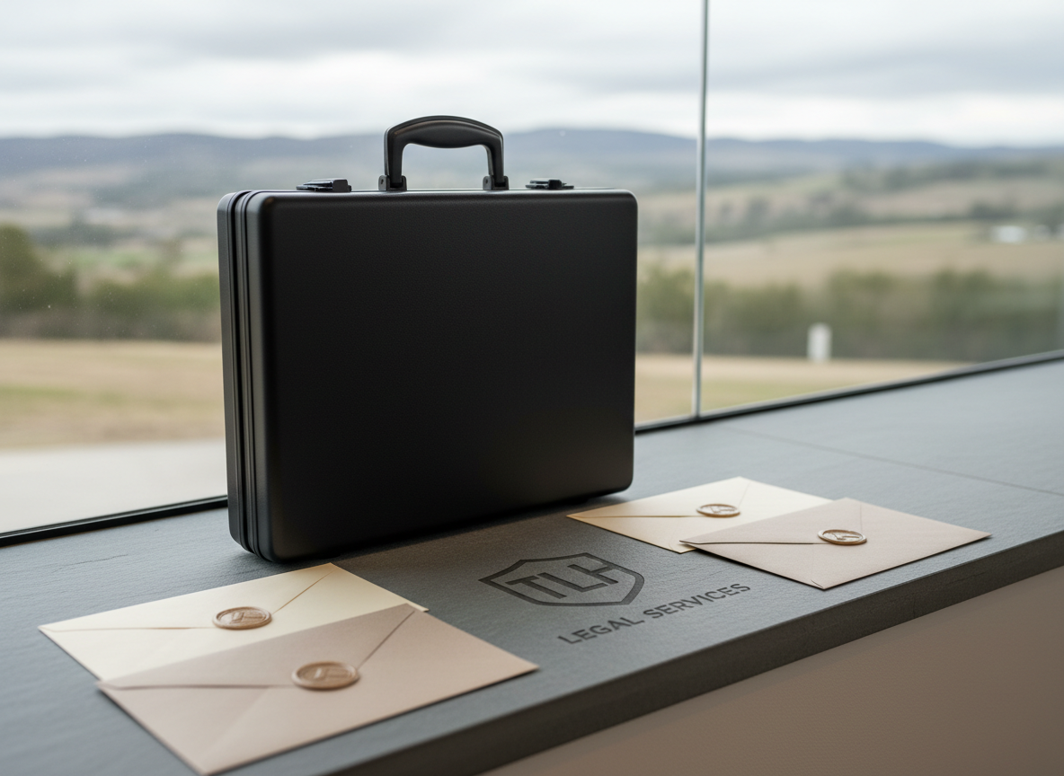 A close-up of a matte black steel process server’s briefcase resting on a smooth slate stone ledge, engraved discreetly with the TLH Legal Services logo. The briefcase is surrounded by neatly arranged neutral-toned envelopes, each sealed with an embossed stamp. The scene is illuminated by overcast natural light, creating a soft, shadowless effect and accentuating every texture detail. The distant background features a faint blur of rolling western hills visible through a pristine glass office partition, keeping the focus on the objects. With a rule-of-thirds composition and refined, minimalist styling, this image exudes a modern, confident, and efficient legal support vibe—directly connected to the firm’s area of expertise.